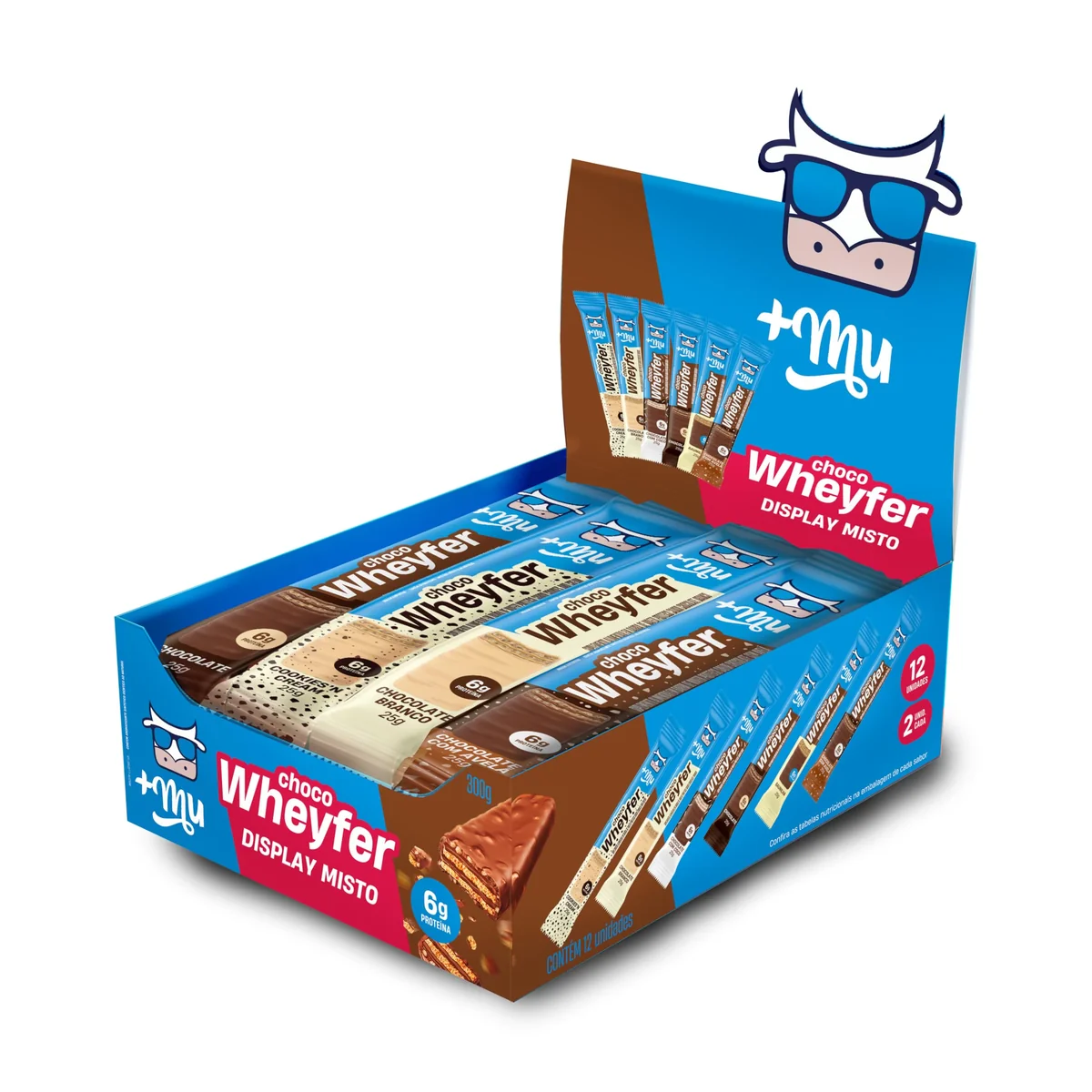 +Mu Chocowheyfer Proteico Caixa Mista - Display 12 unidades | 6g de Proteína, Zero adição de açúcares, Crocante, Para comer sem culpa, 2 unidades de cada sabor