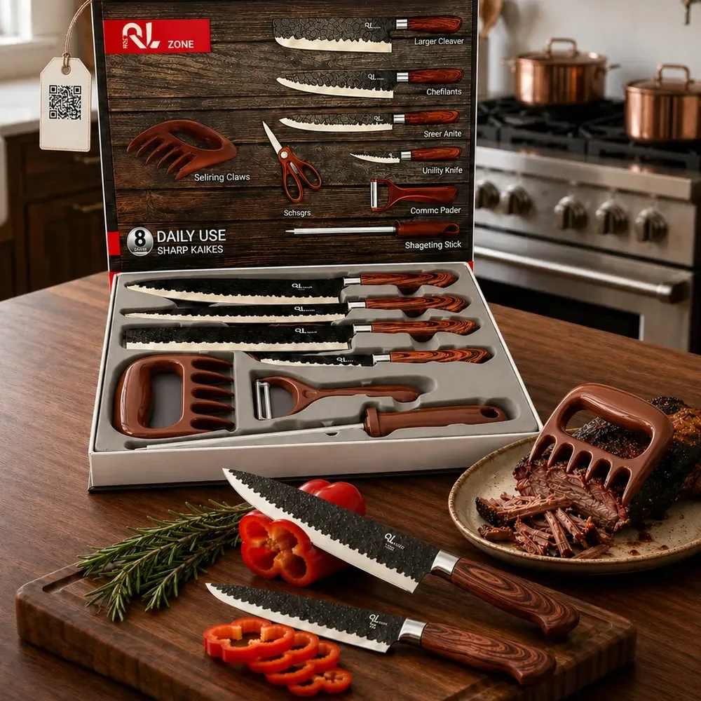 Conjunto De Facas Chef Profissional 8 Peças Churrasco Inox Marrom
