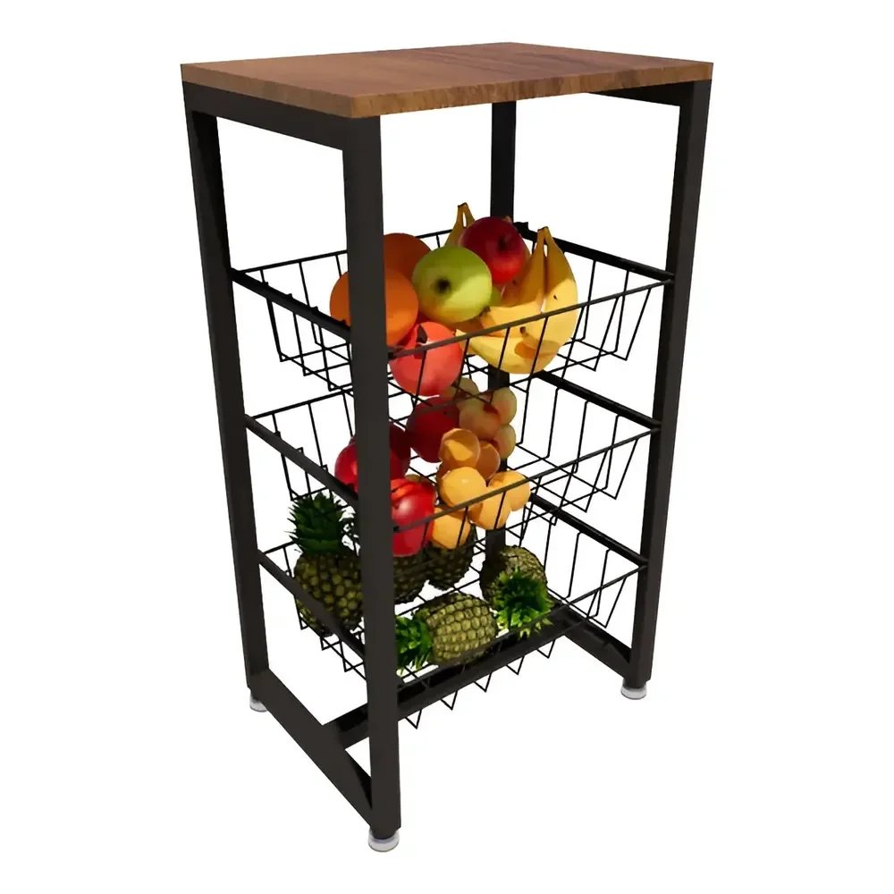 Fruteira De Chão Em Aço Cozinha Suporte Bebedouro Amadeirado Cor Preto/amadeirado