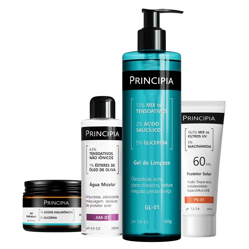 Principia Kit Limpeza e Hidratação c/ Gel de Limpeza GL-01 + Água Micelar AM-01 + Gel GH-01 + Protetor PS01 FPS 60