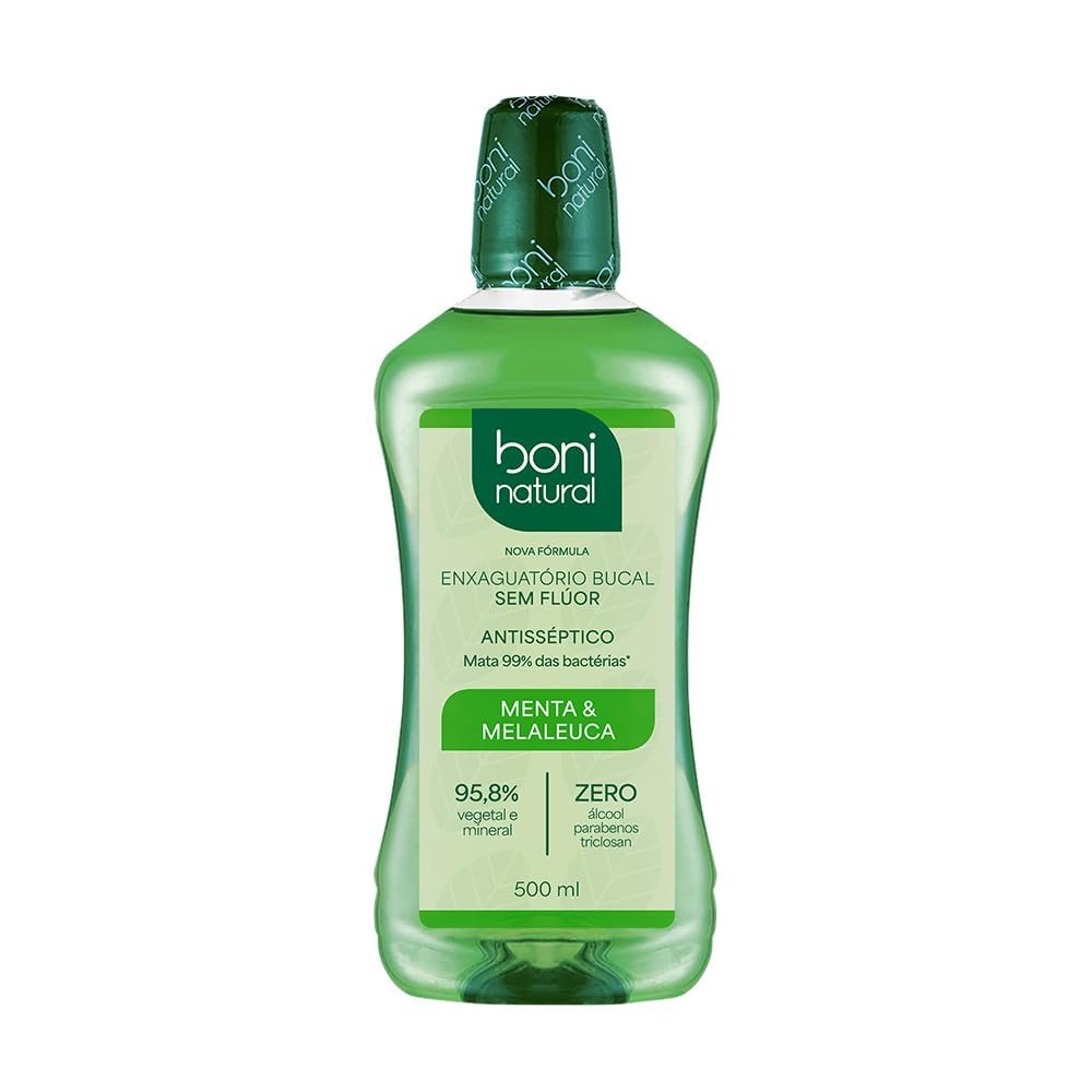 BONI NATURAL - Enxaguante Bucal Vegano, Menta e Melaleuca, Hálito Fresco e Proteção Bucal, Sem Flúor, Zero Álcool, 500 ml