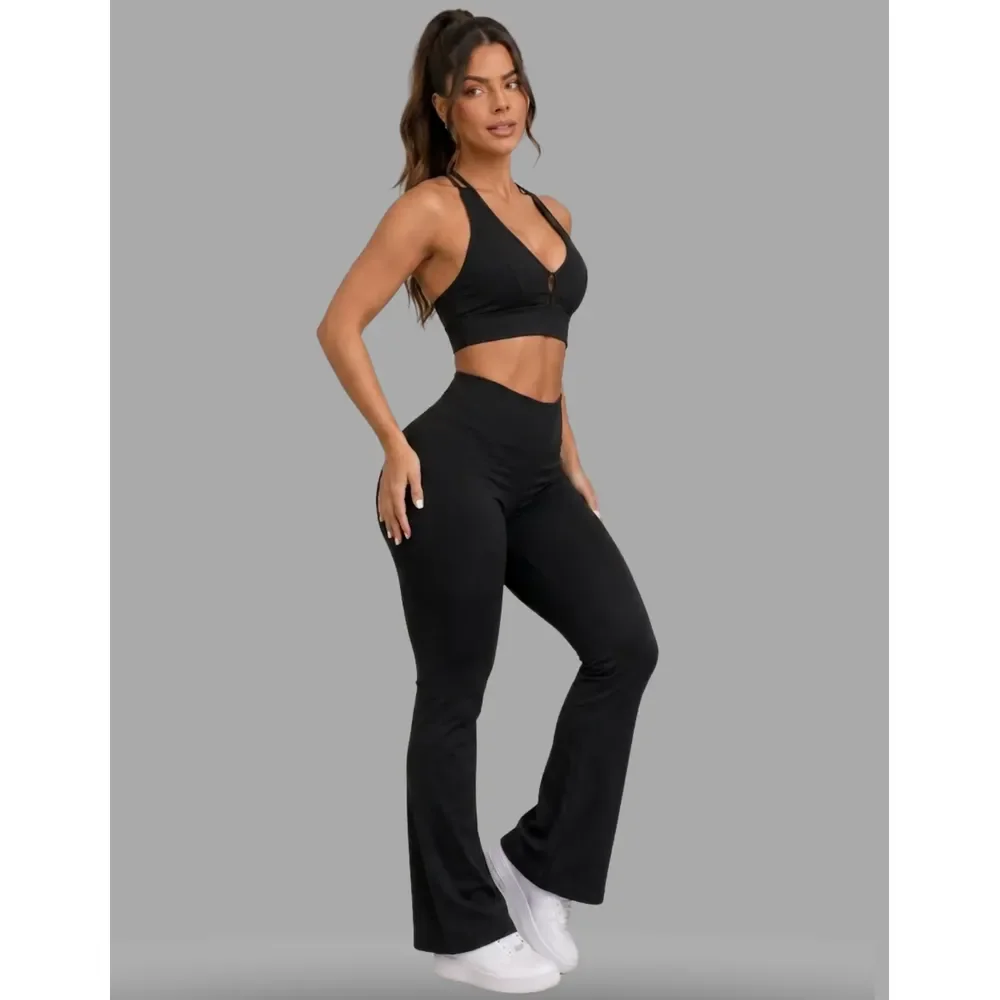 Conjunto Academia Top Calça Flare Legging Fitness Roupa Alta Preto Lisa M 38/40