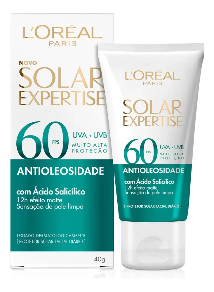 Protetor Solar Facial Antioleosidade FPS60, Controle de Oleosidade por 12h, Efeito Matte Sem Cor, Solar Expertise L'Oreal Paris, 40g