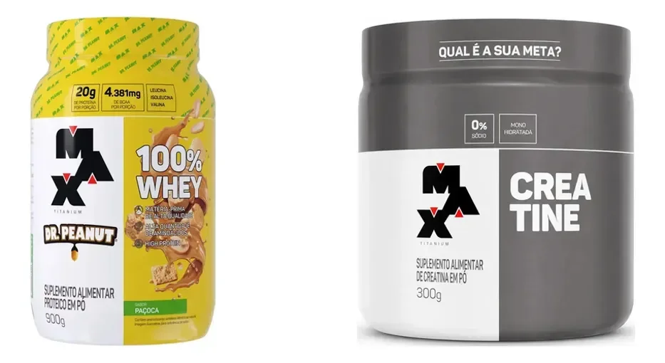 Kit Max Titanium: Whey Protein Sabor Paçoca 900g + Creatina Monohidratada 300g Sem Sabor