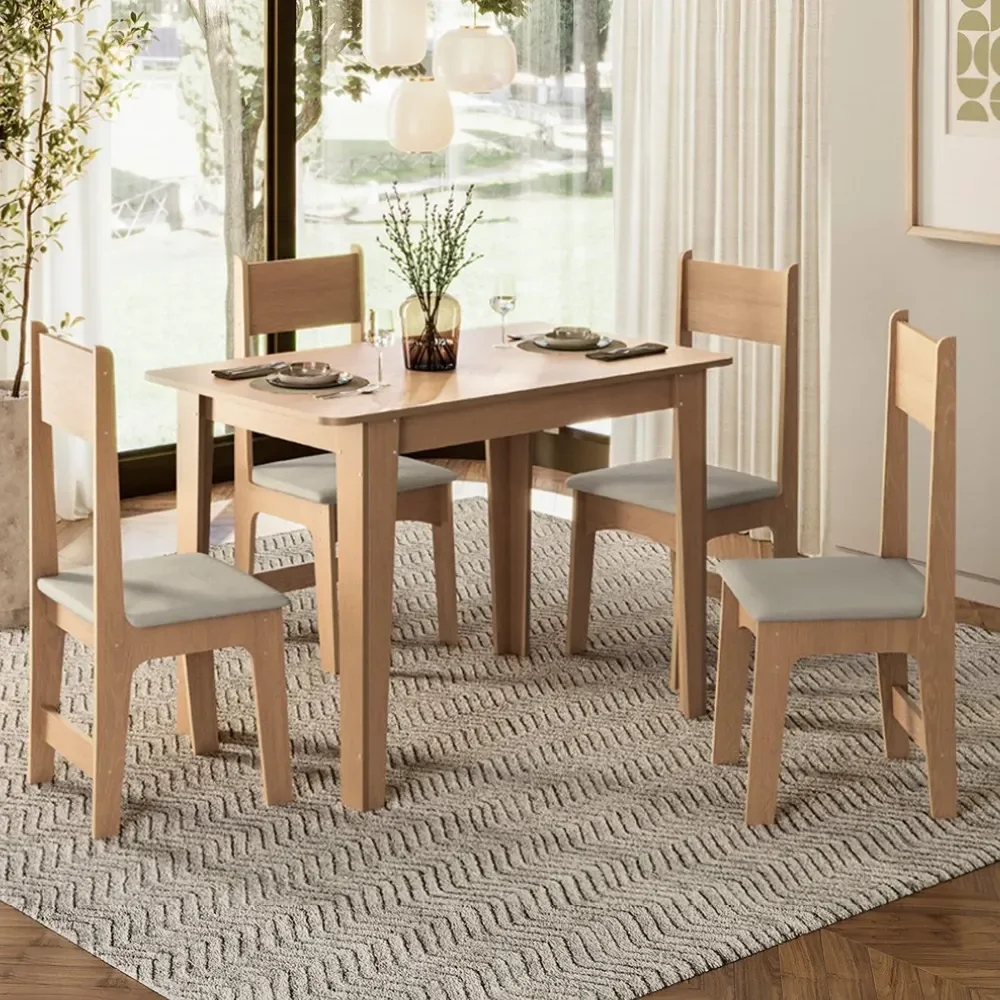 Conjunto De Jantar 4 Lugares Com Mesa Retangular Tampo Mdf Mel/bege