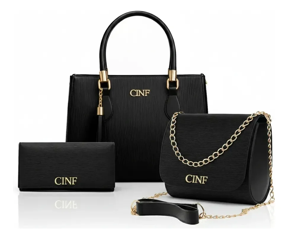 Kit Com 3 Peças Bolsas Feminina Transversal Média Tira Colo Carteira Cor Preta Cinf