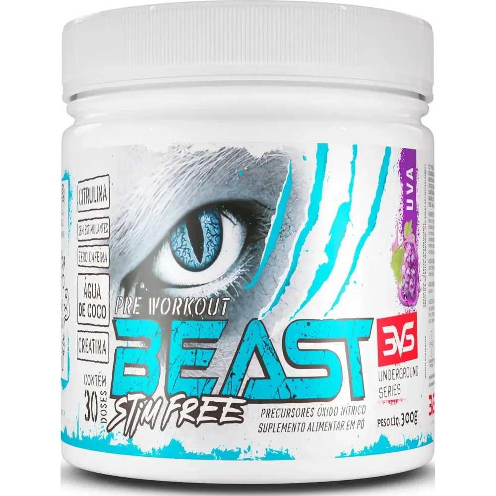 Pré Treino Sem Cafeína Beast 300g - Sabor Uva - Fórmula Exclusiva Com Citrulina, Beta Alanina, Creatina, Água De Coco, Arginina, Taurina E Tirosina