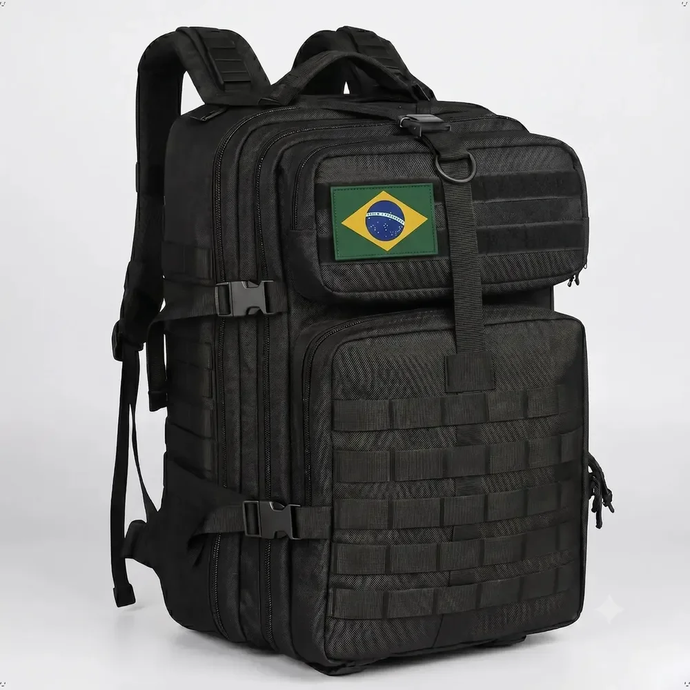 Mochila Tática Militar 50l Masculina Reforçada Impermeável Viagem Camping Pesca Com Patch Bandeira Brasil Bagear Preto Liso