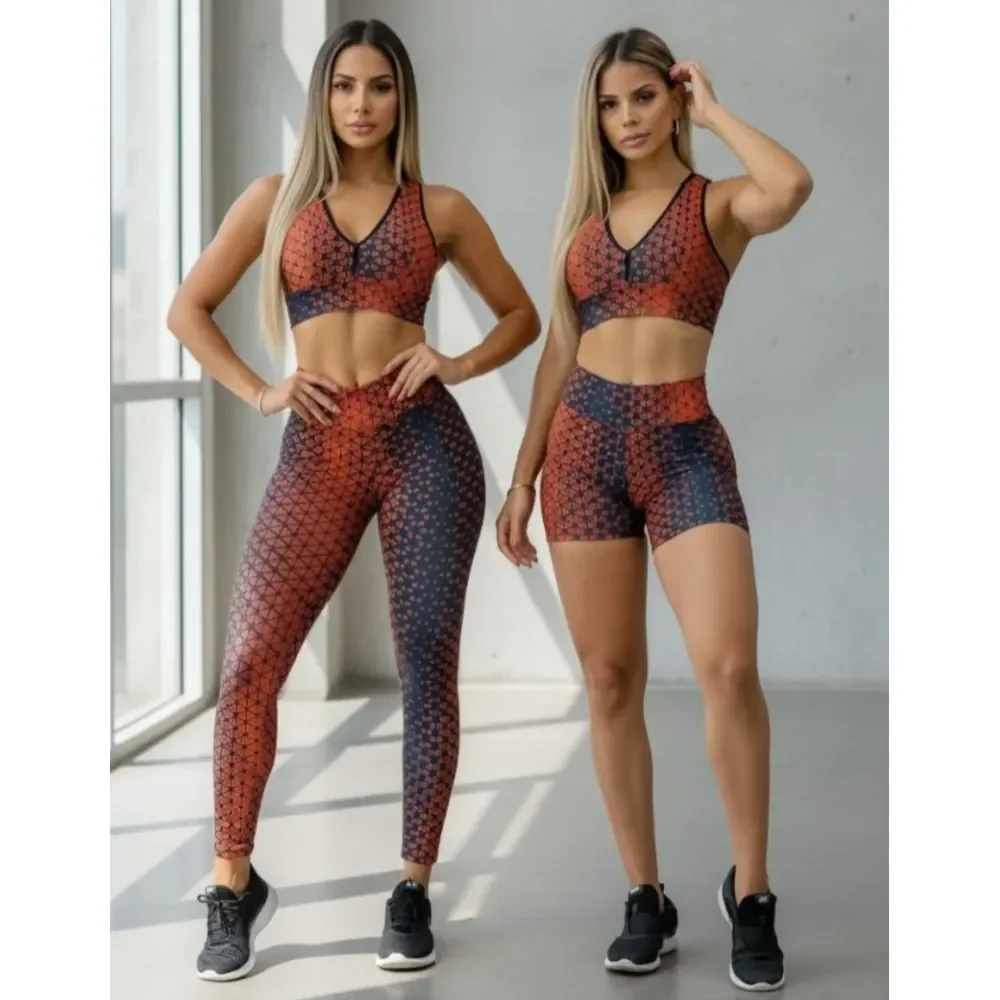 Conjunto Academia 3 Peças Calça Legging Shorts Top Fitness Coral-escuro M