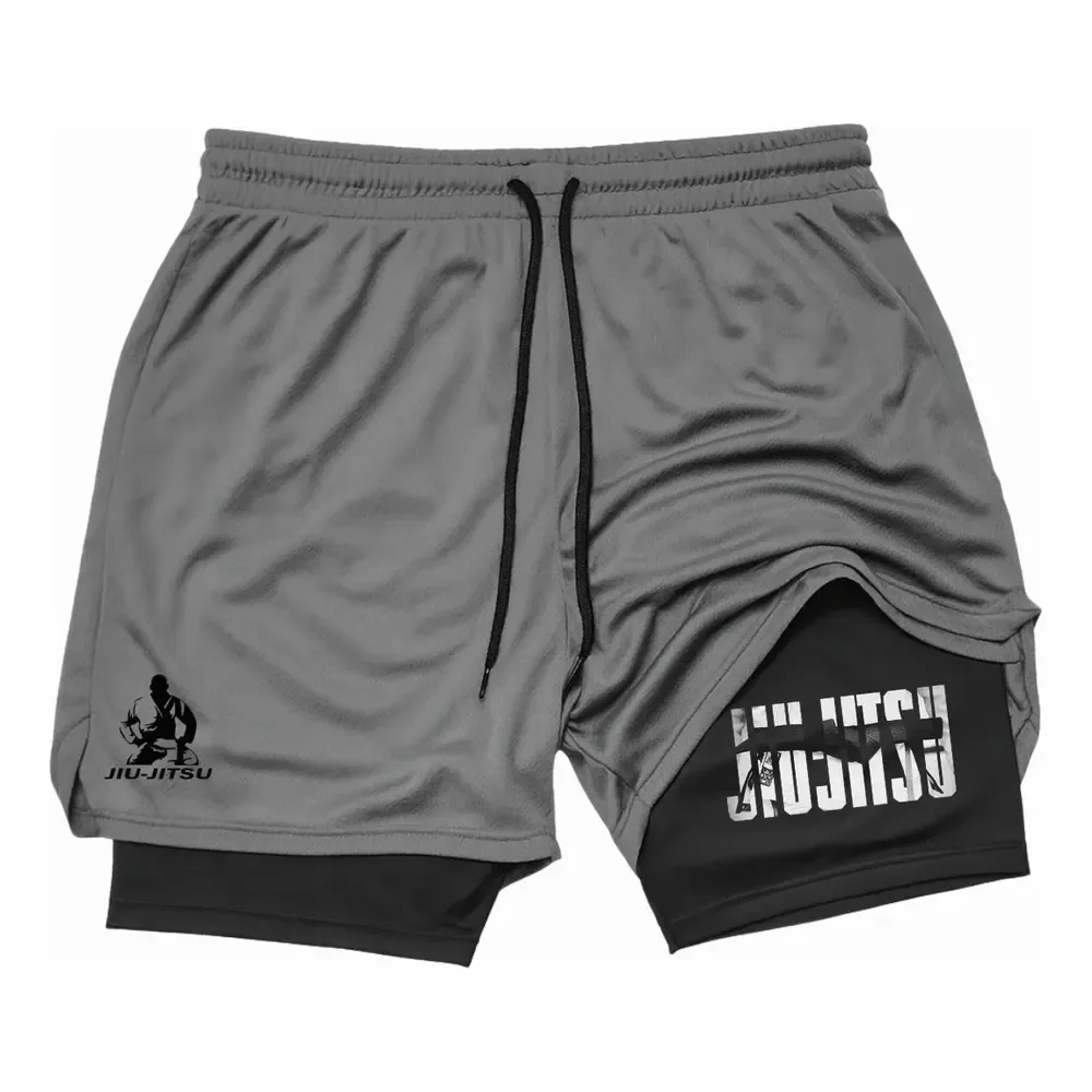 Bermuda Masculina Short 2 Em 1 Duplo Treino Jiu Jitsu Treino Cinza Lisa G