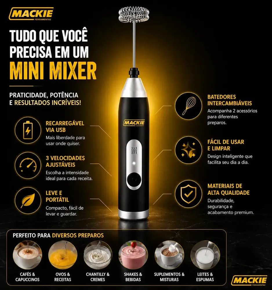 Mini Mixer Elétrico Portátil Misturador De Bebidas Café Leite Cappuccino Whey Protein Shake Ovos Espumador Batedor Fouet Inox Compacto Cozinha Drinks Mackie Ferramentas