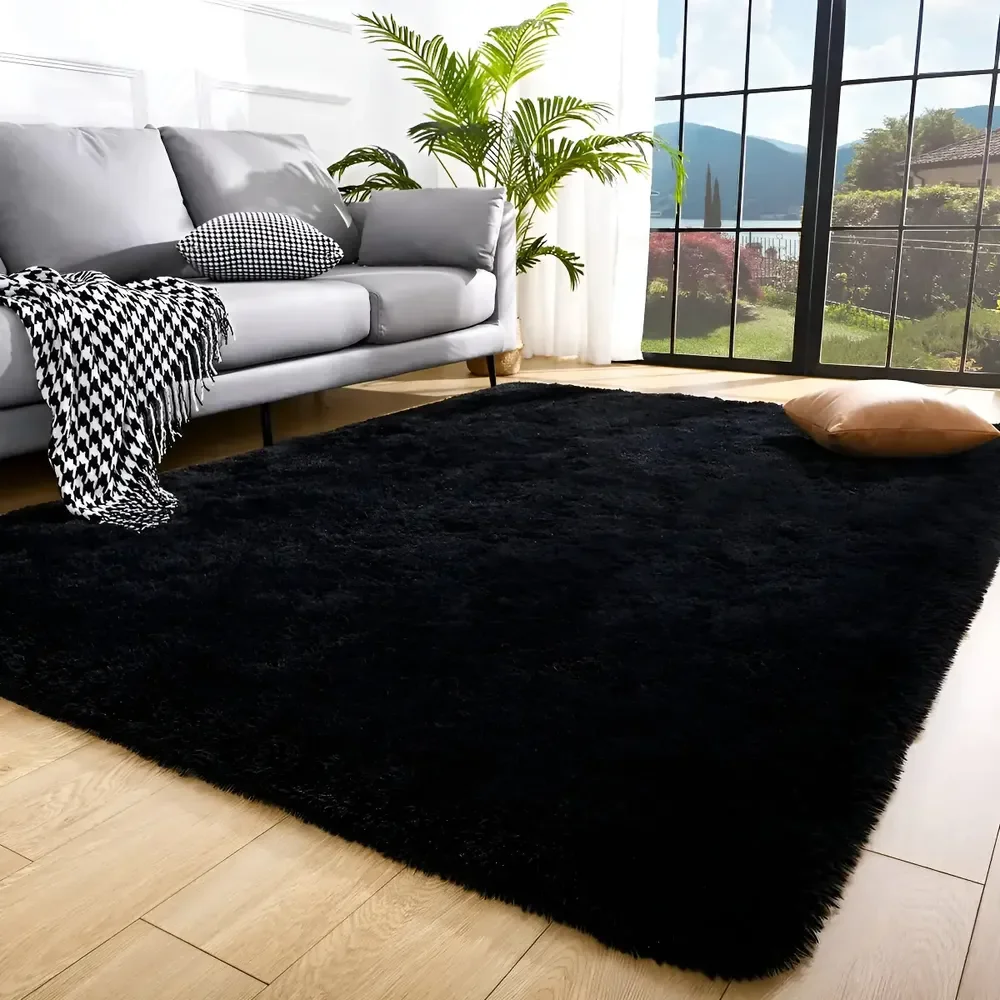 Tapete Decorativo Felpudo 2,00x1,50 Sala Quarto Escritório Cor Preto Pelo Alto Casa Laura Enxovais