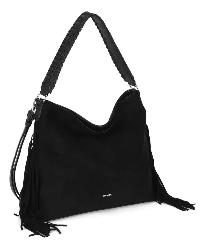 Bolsa Hobo Feminina Up4you Preta de PU com Detalhe em Camurça