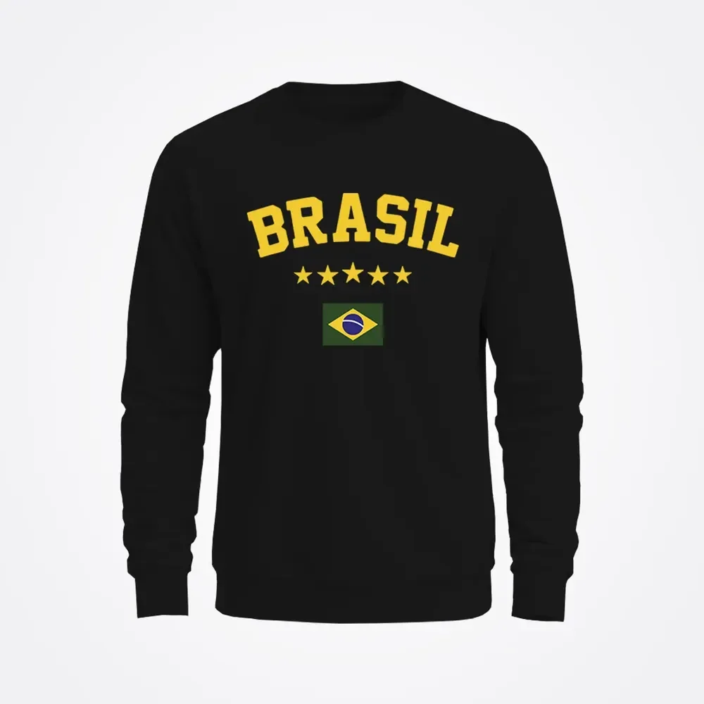 Moletom Gola Redonda Algodão Brasil Copa Estrelas Torcida G Preto