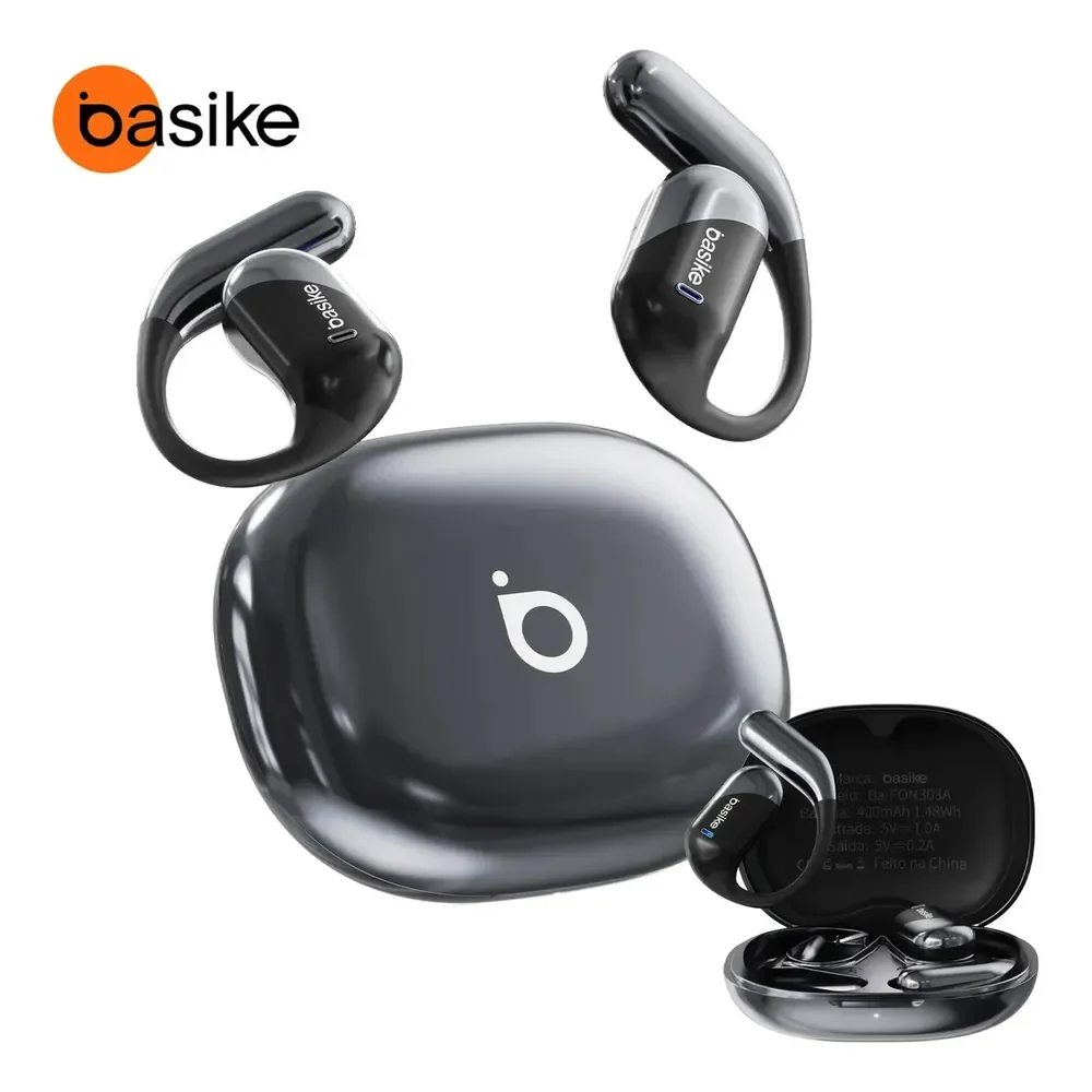 Basike Fone De Ouvido Sem Fio Bluetooth Com Gancho Gamer Esportivo Baixa Latência 100h, Design Aberto Preto