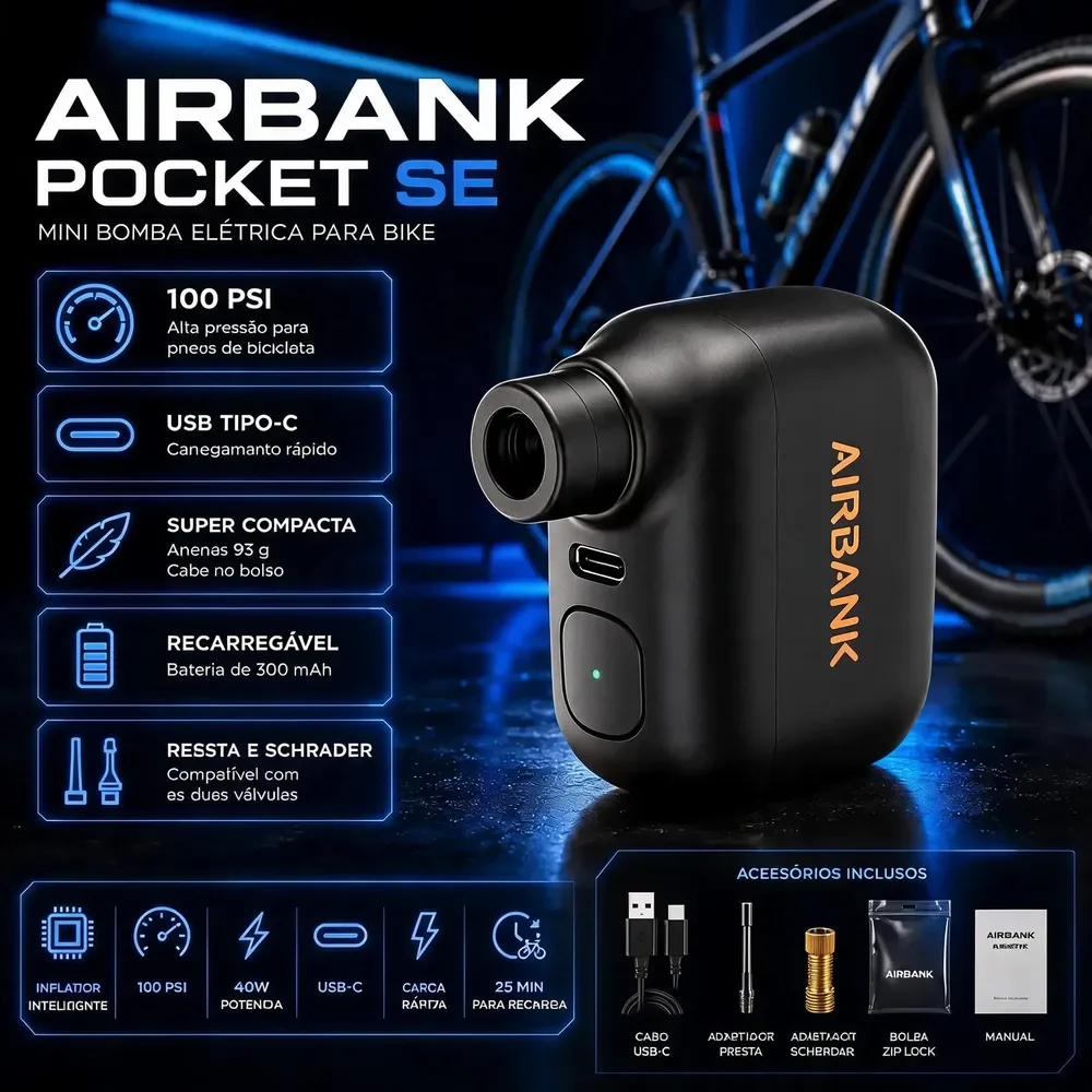 Mini Bomba De Bicicleta Elétrica Ultraleve Airbank Cor Preta Preto