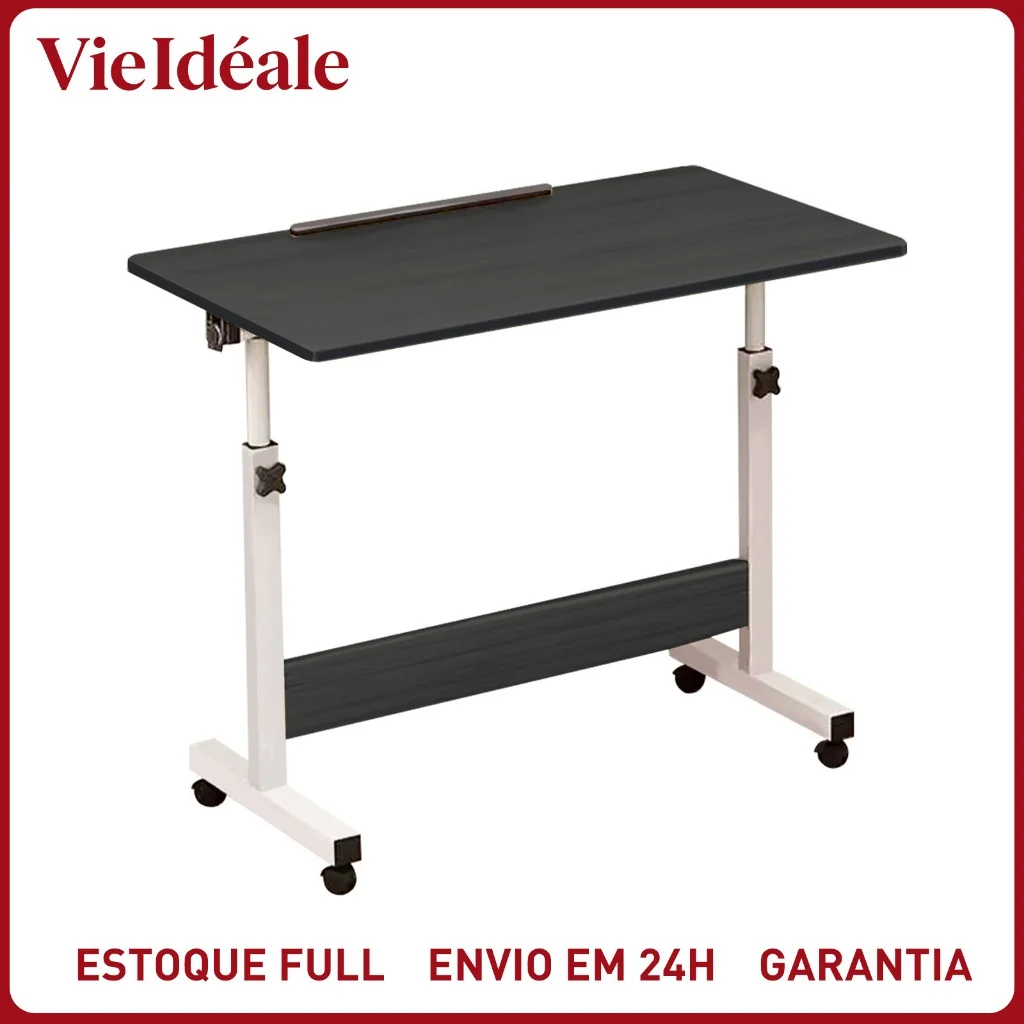 Mesa Giratória 180° Multiuso c/ Rodinhas Altura Ajustável - Notebook Cama Sofá Prática Preto
