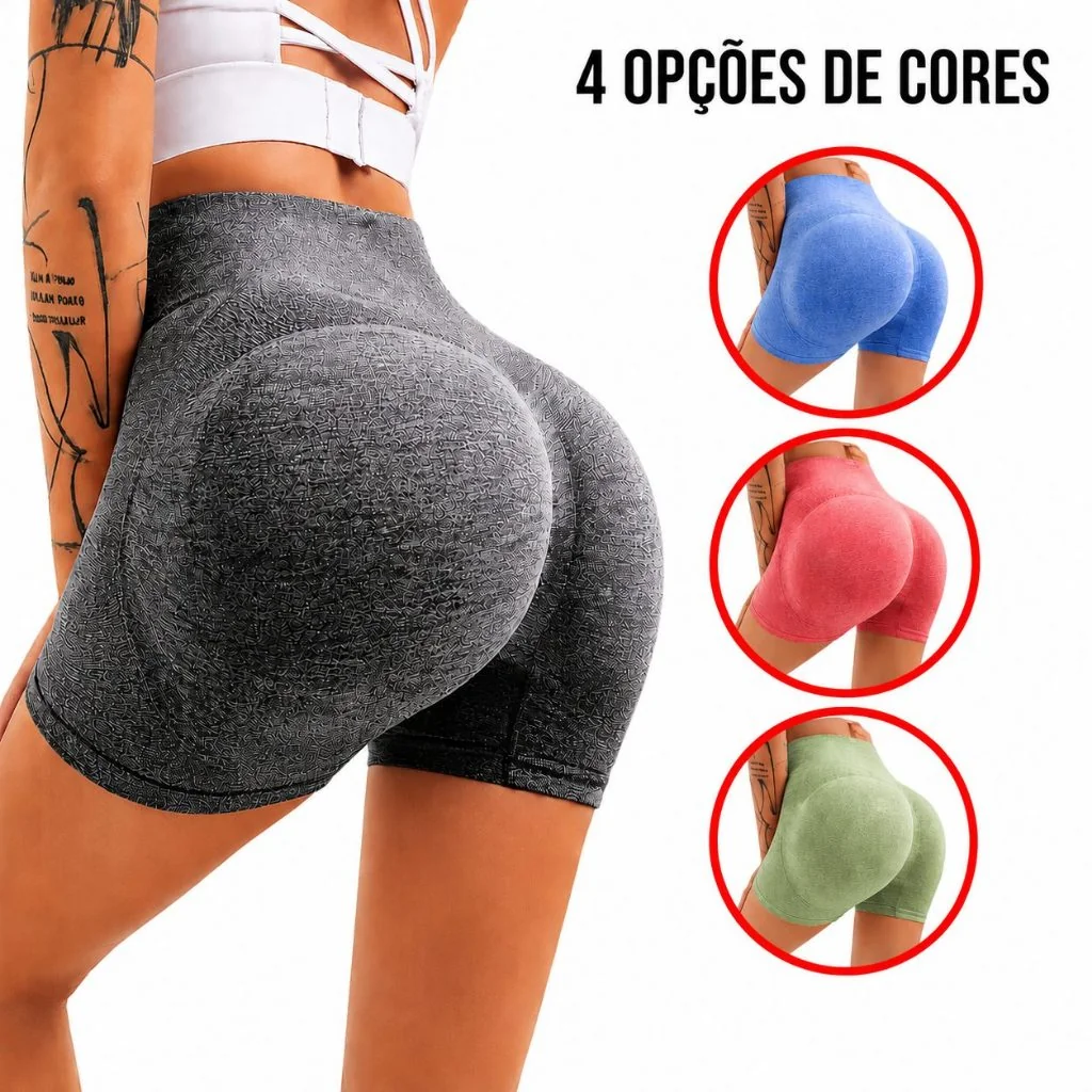 Short Empina Bumbum Feminino Cós Alto Poliamida Sem Costura Levanta Bumbum Fitness Academia