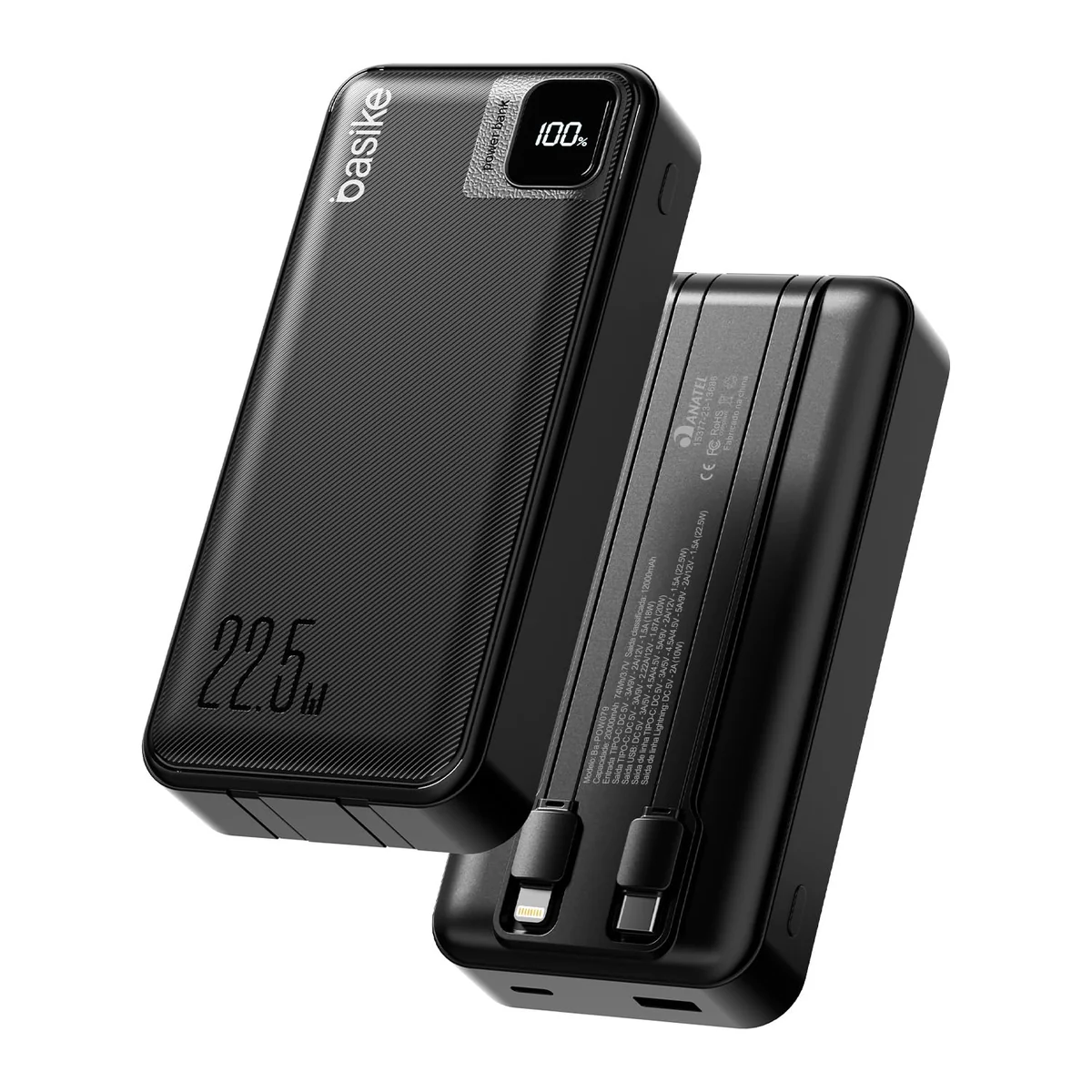 Basike Power Bank, Carregador Portátil Universal 20000mAh, Rápido 22,5W | 2 Cabos Integrados (USB-C, Lightning) Carregamento Rápido, USB-A(até 22.5W)+USB-C(até PD20W), Led Indicador de Bateria, Preto