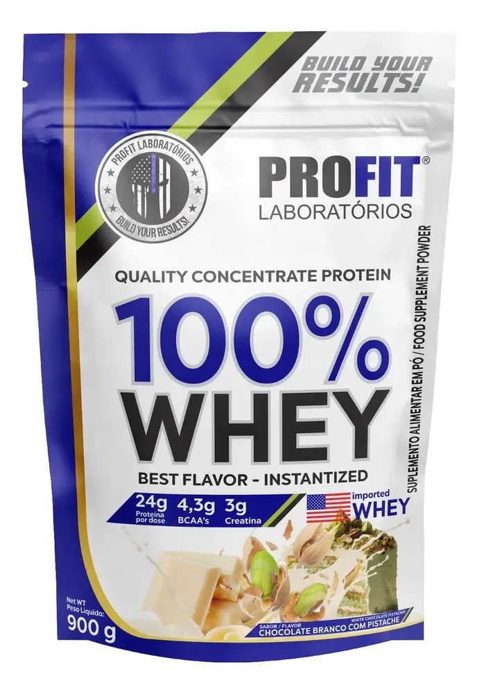 100% Whey - Isolado E Concentrado Refil 900g - Profit Sabor Chocolate Branco Com Pistache