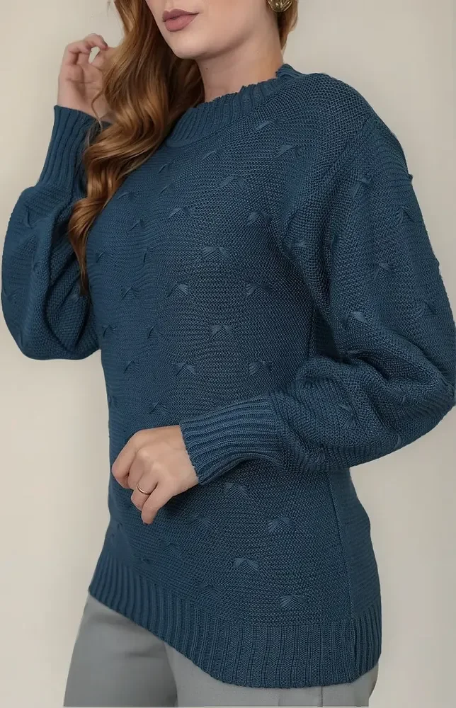 Blusa De Frio Tricot Feminina Suéter Lã Casaco Inverno Tricô Azul-petróleo 38 A 44