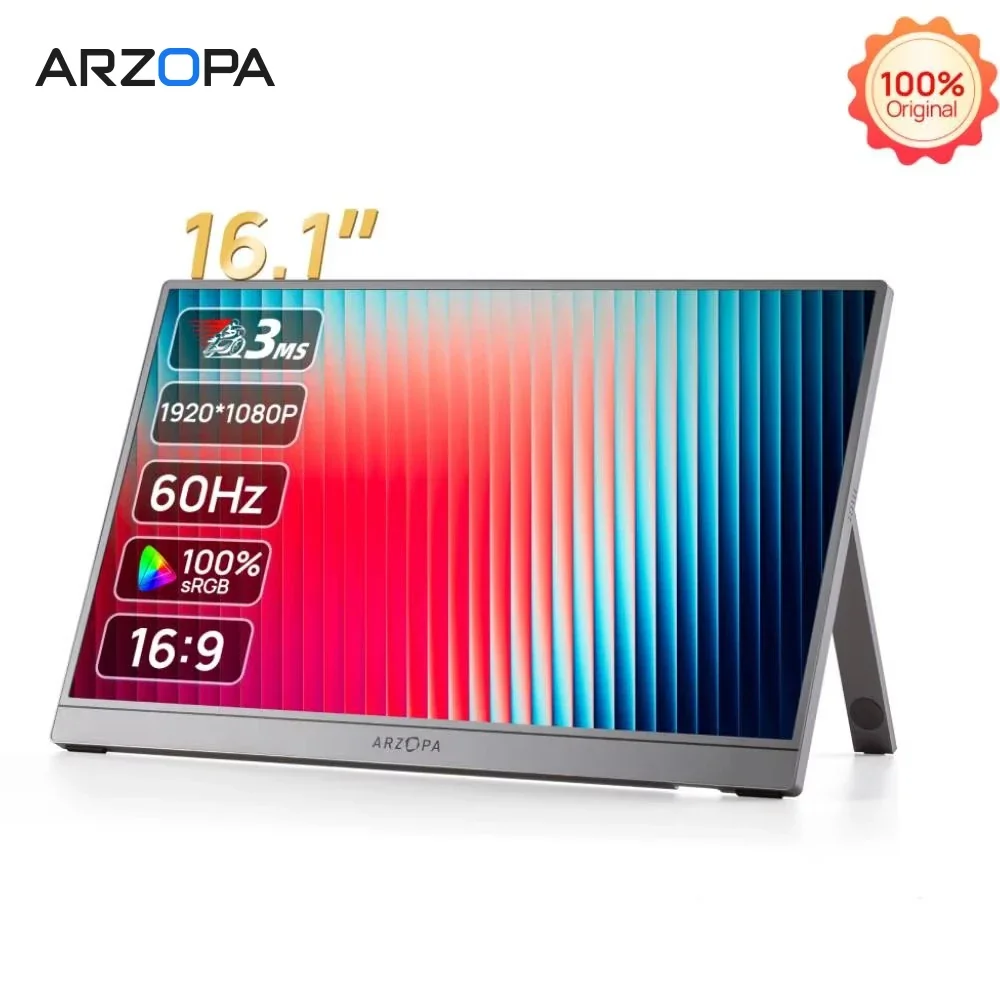 Monitor Portátil para Jogos ARZOPA de 16,1 Polegadas, 1080P 300cd/ ㎡   Tela IPS para Laptop Mac PC Switch PS Xbox Display Externo Z1C Cinza
