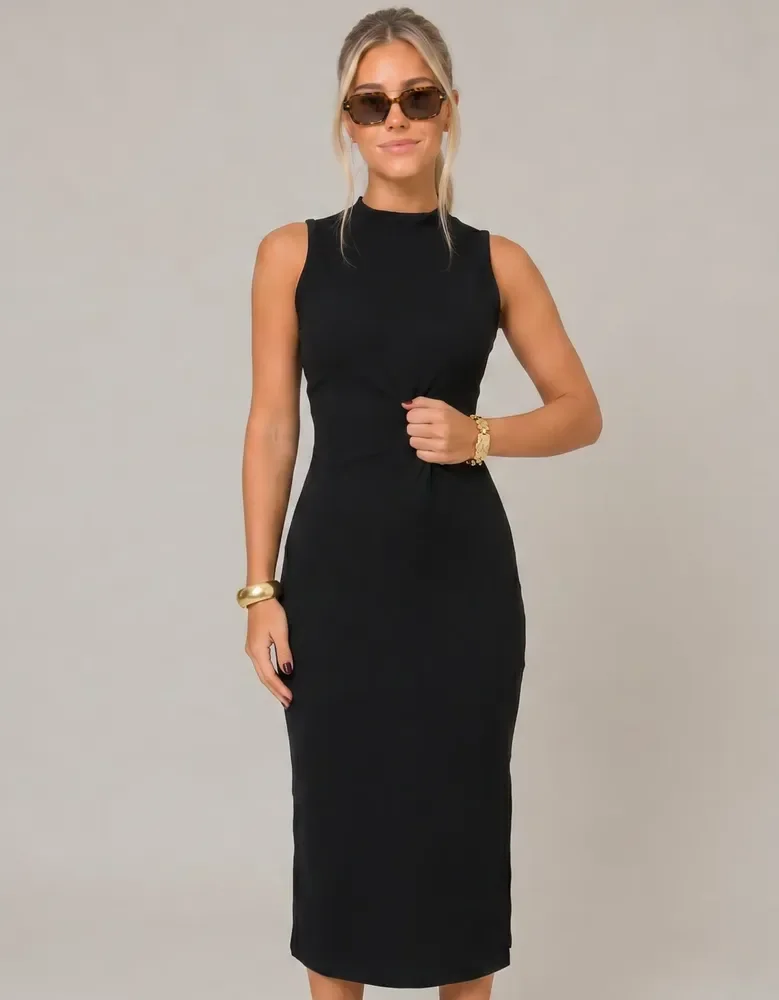 Vestido Midi Canelado Casual Básico Modelador Regata Casual Preto Gg (44-46)