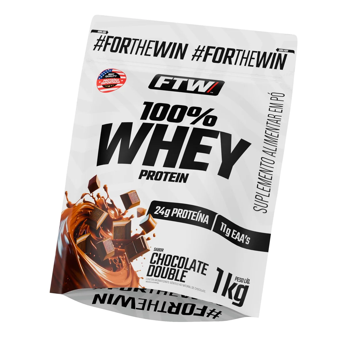 FTW 100% Whey Protein com Proteína Concentrada WPC, para Atletas com Alto Valor Biológico, Suplemento Pós-Treino Sem Glúten - Refil 1kg (Chocolate Double)