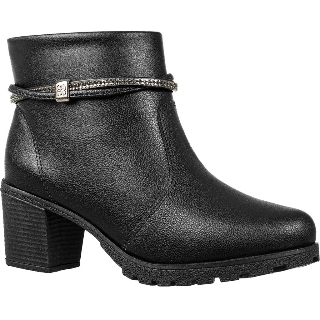 Bota Feminina GiGiL Salto Grosso Baixo Cano Curto Tiras Abauladas Strass Zíper Macio Blogueira