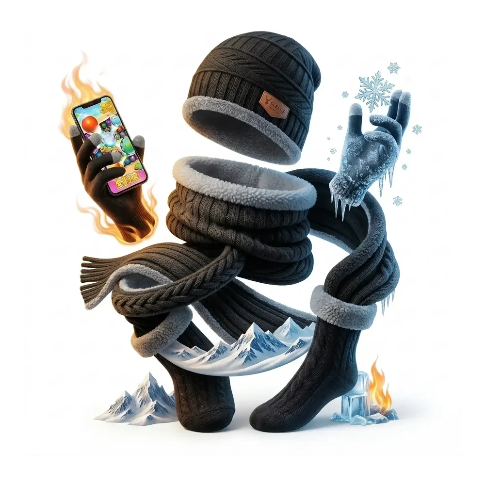 Kit Inverno Touca Gorro Com Cachecol Luva E Meia Térmica Preto Un Liso