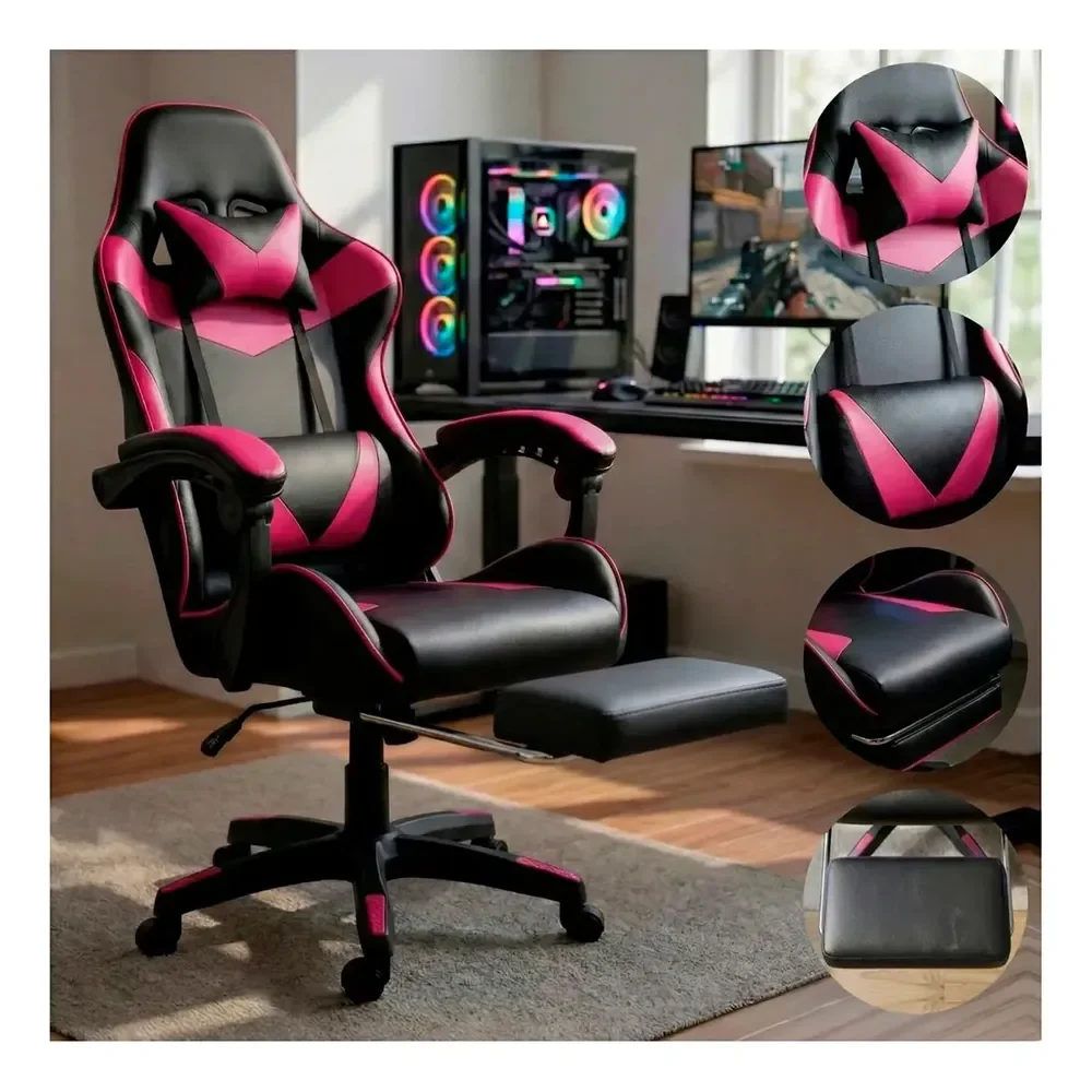 Cadeira De Escritório Gamer Ergonômica Reclinável Com Apoio Dos Pés Rosa Led Tools Com Estofado De Couro Sintético