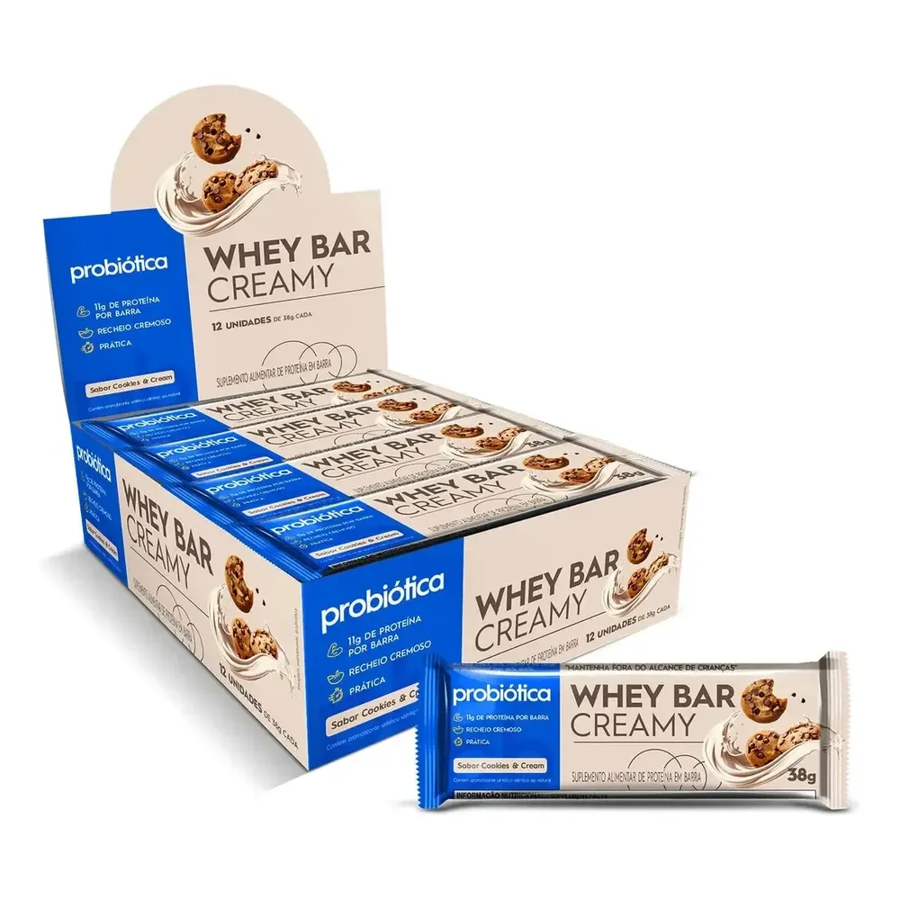Barra De Proteína 12 Unidades Whey Bar Creamy Probiótica Sabor Cookies And Cream Alto Proteico