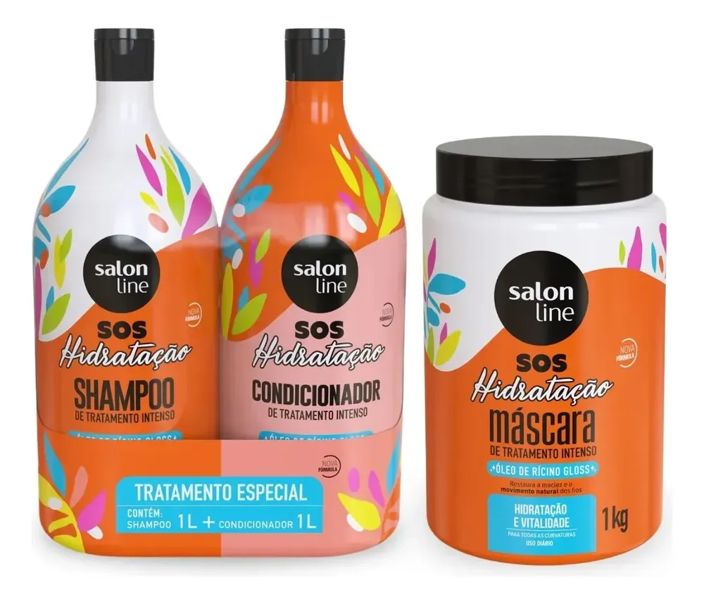 Kit Shampoo E Condicionador 1l + Máscara 1kg Sos Hidratação com Óleo de Rícino Linha de Tratamento Cabelos Danificados