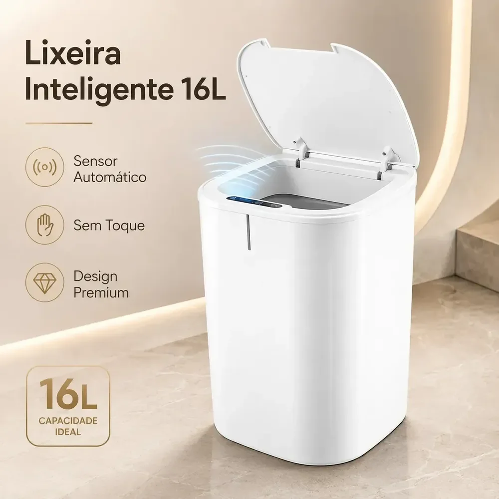 Lixeira Inteligente 16l Com Sensor Automático E Tampa Touch Branco