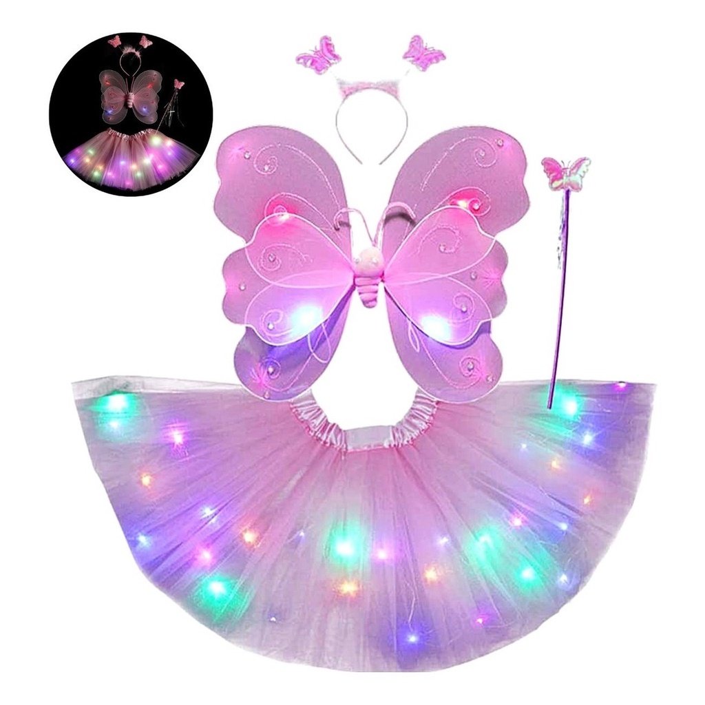 Fantasia infantil Menina rosa com Led fada bailarina Asas saia tiara