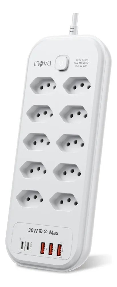 Filtro De Linha Régua Extensão 10 Tomadas Com 3 Usb E 2 Pd Branco 127/220v