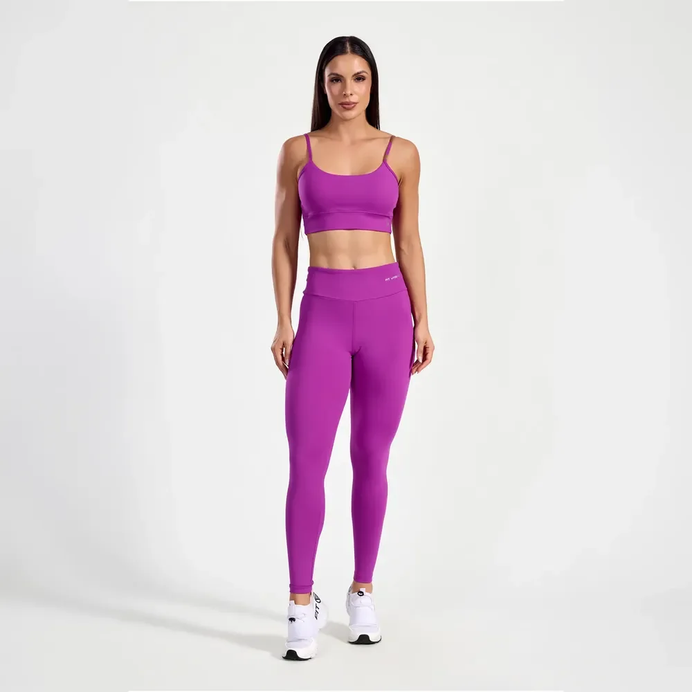 Conjunto Fitness Top Tank E Legging Feminino Com Bolso Violeta P