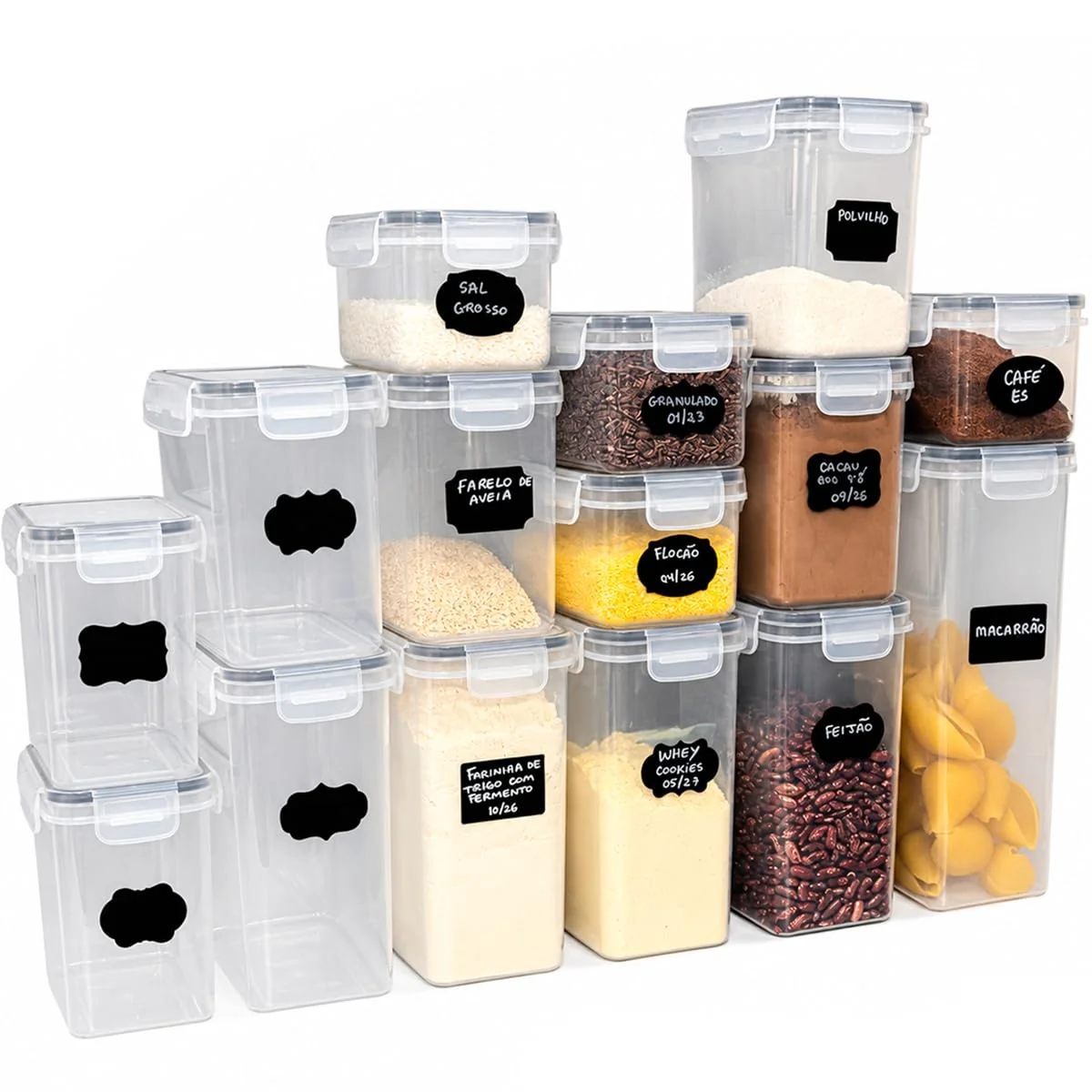 Decolab Kit Potes Herméticos Plástico com Vedação BPA Free - Organizador de Geladeira, Porta Cereais, Temperos e Mantimentos (15, transparente, Retangular) 4x0,8L / 6x1,4L / 4x2,0 / 1x2,8L
