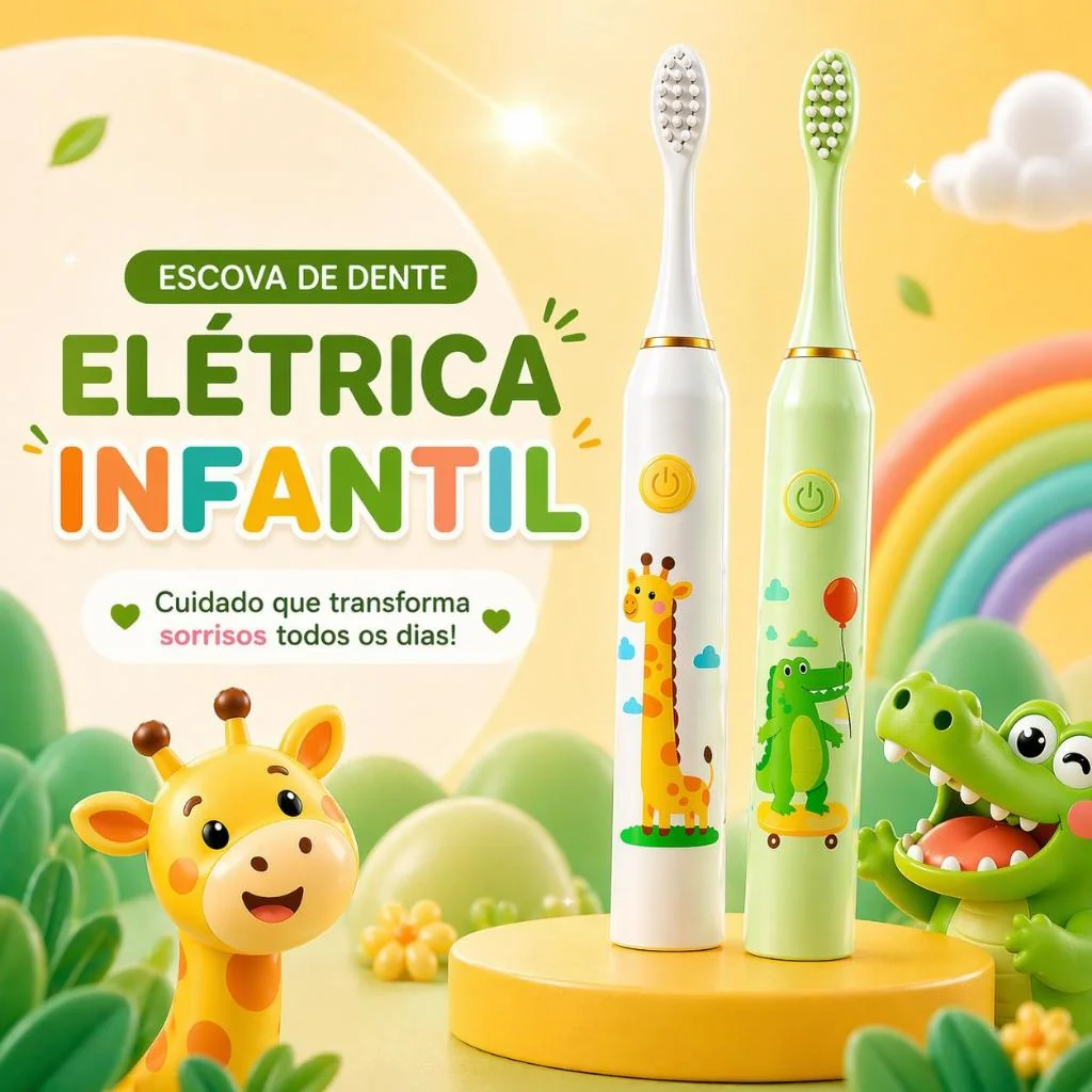Escova de Dente Elétrica Infantil + 4 Refis Limpeza Suave Cerdas Macias à Prova D'Água Recarregável