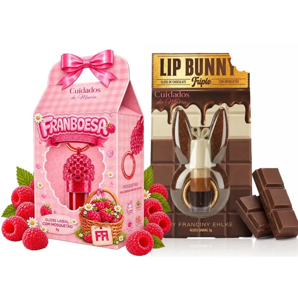 Kit Gloss Hidratante Labial Franboesa + Gloss Labial Lip Bunny Triple Chocolate - Fran By Franciny Ehlke - Cuidados de maria