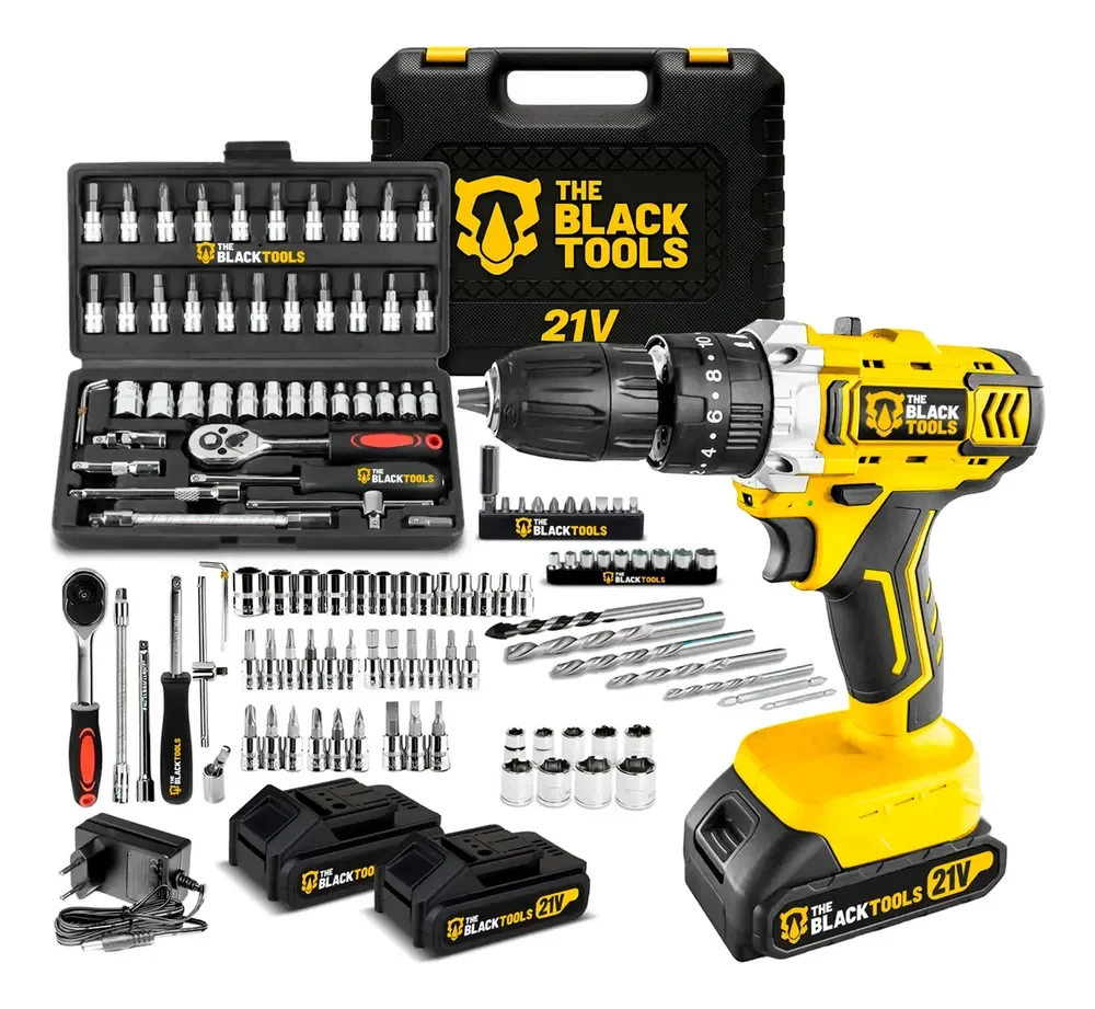 Furadeira Parafusadeira De Impacto 2 Baterias 21v + 46 Peças Amarelo 110v/220v 60hz
