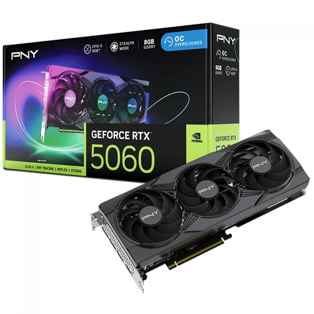 Placa de Vídeo Pny Nvidia Geforce Rtx 5060 Epic-x Rgb Oc Triple Fan, 8gb, Gddr7, Dlss, Ray Tracing, Vcg50608tfxxpb1-o-tf