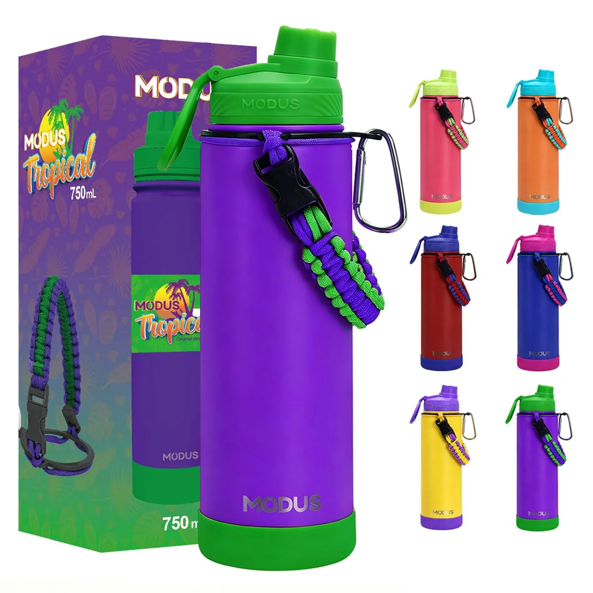 MODUS Garrafa Térmica 750ml - Parede Dupla de Isolamento 24horas Gelado | Base Emborrachada Anti Derrapante, Alca Prarcord, Anti Vazamento, BPA Free, para Academia, Viagem e Trabalho