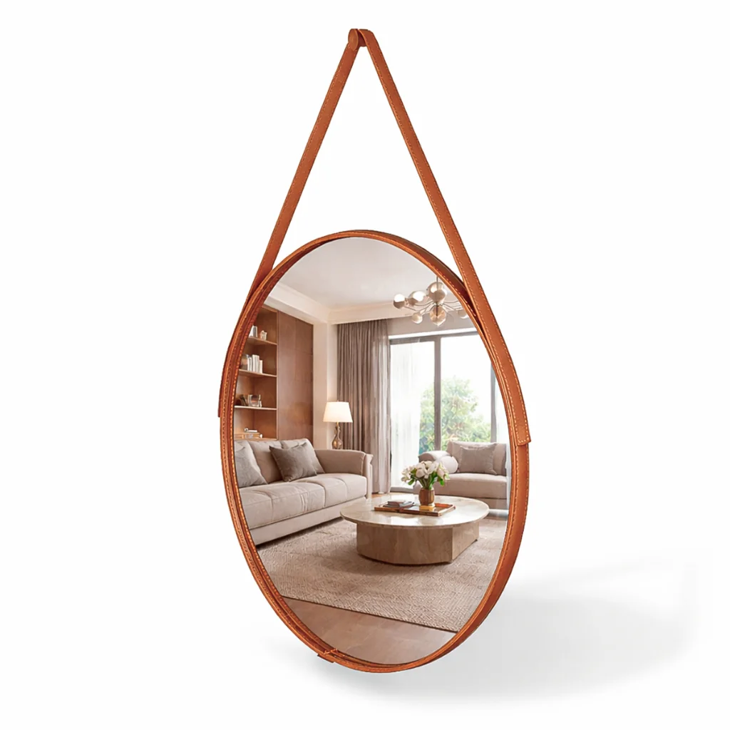 Espelho Redondo Decorativo Adnet Alça Couro Suporte 60cm 50cm 40cm 30cm Sala Quarto Banheiro Hall