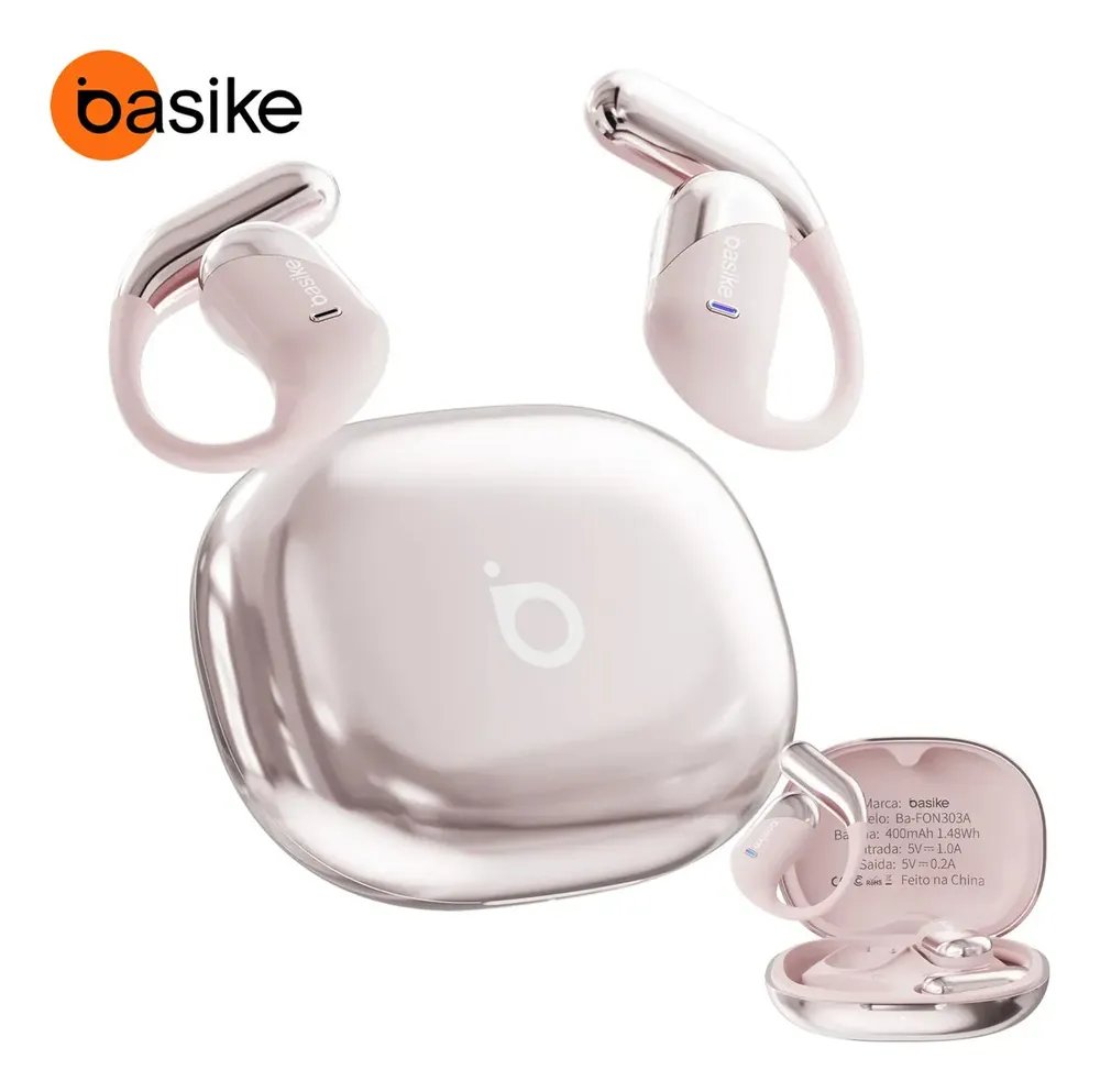 Fone de Ouvido Sem Fio Bluetooth 6.1 Esportivo OWS Com Ganchos Estéreo Hi-Fi com Microfone para Chamadas Claras, Controle de Volume Basike Fone Ouvido para Academia Corrida e Gamer, 100h Standby Rosa