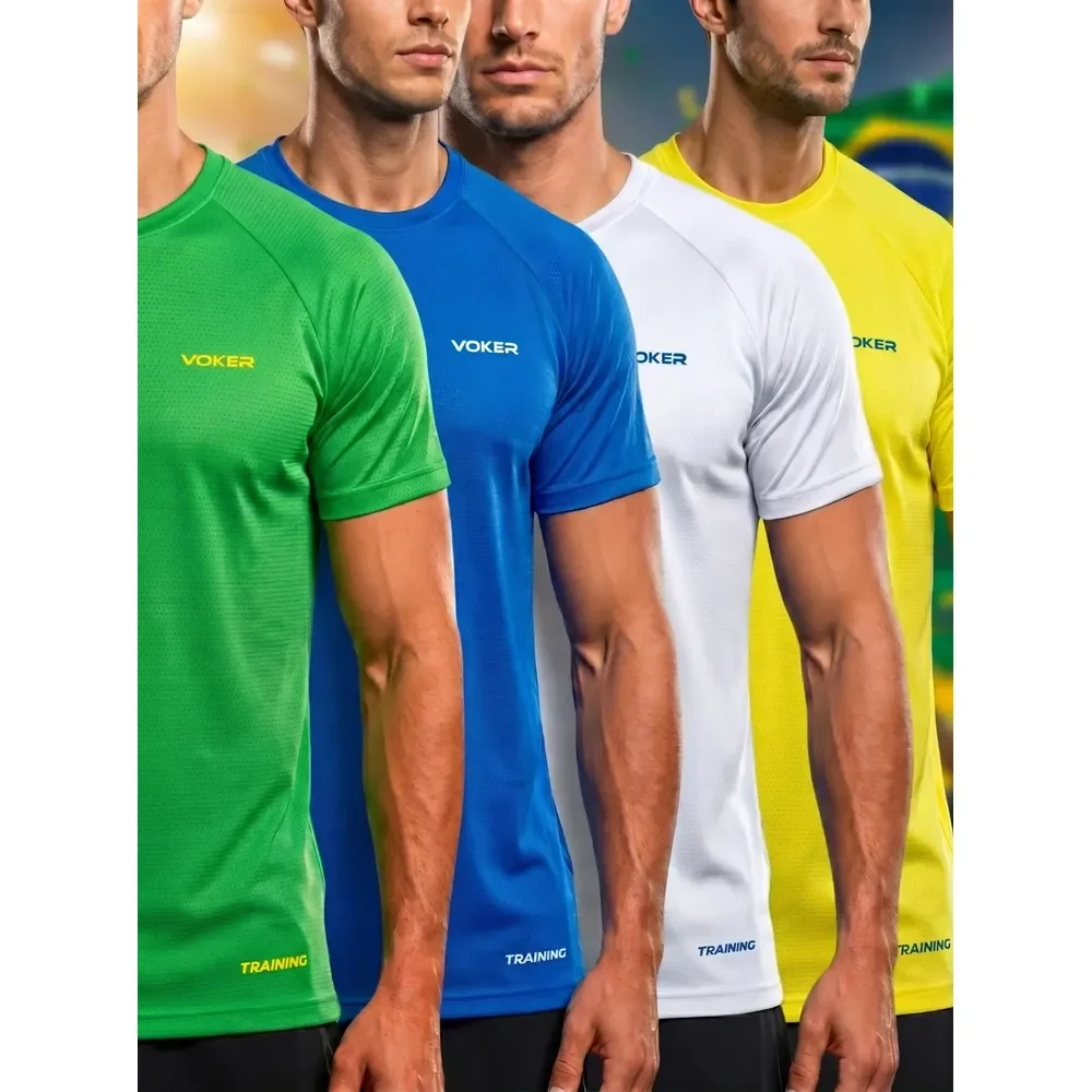 Kit 4 Camisas Masculina Dry Fit Cores Brasil Copa Futebol Amarelo-verde-azul-branco Gg