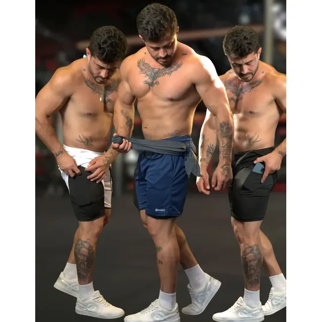 Kit 3 Short Duplo 2 Em 1 Bermudas Compressão Academia Run Uv