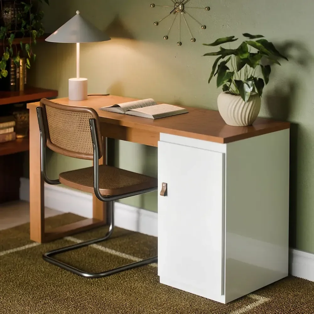 Escrivaninha Paris 115cm De Home Office Com 1 Porta E Puxador De Couro Canela/branco