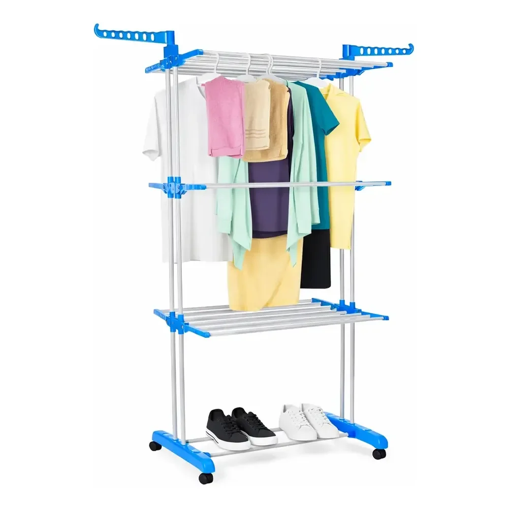 Varal De Apartamento Chão Aço Inox Resistente 3 Andares 2 Hastes Com 4 Rodas Dobrável Retrátil Multiuso Grande Super... Azul-claro