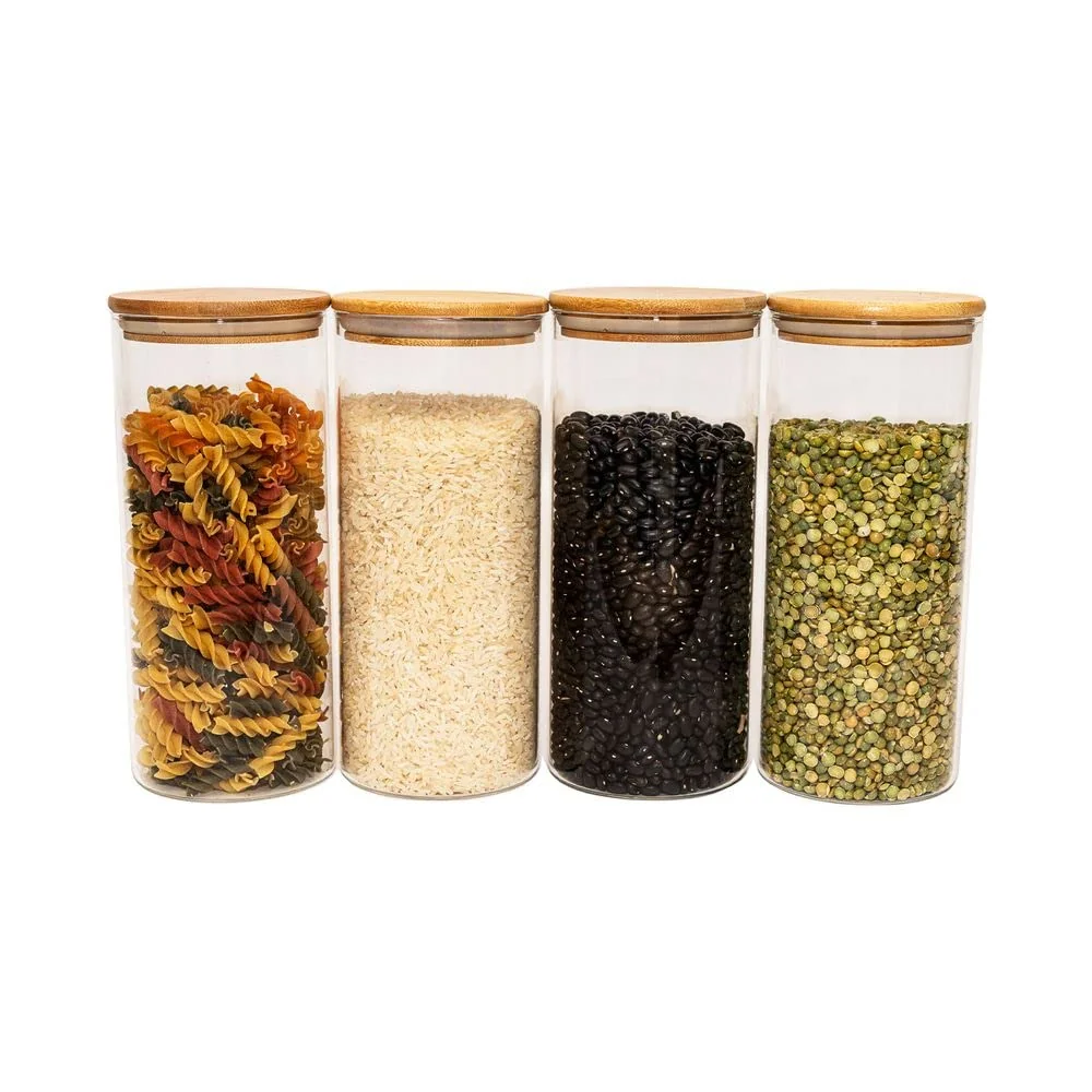 Oikos - Kit 4 Potes de Vidro Herméticos 1,65L Redondos com Tampa Bambu | Borossilicato, vedação em silicone, BPA Free, mantimentos, empilháveis, fácil limpeza, design natural